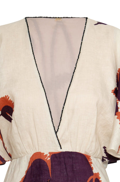 Topacio Linen Tunic Dress / Ecru - Purple Gladiolos